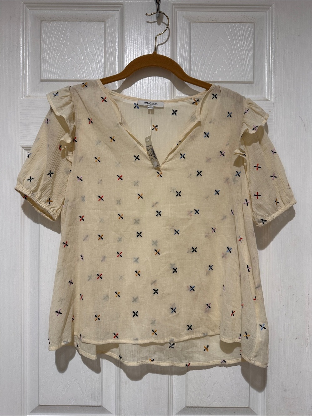 Madewell Cream Blouse with Multicolor Cross-Stitch Detail